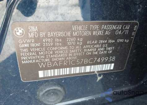 2011 BMW 528I из США, поврежденный, VIN WBAFR1C57BC749938